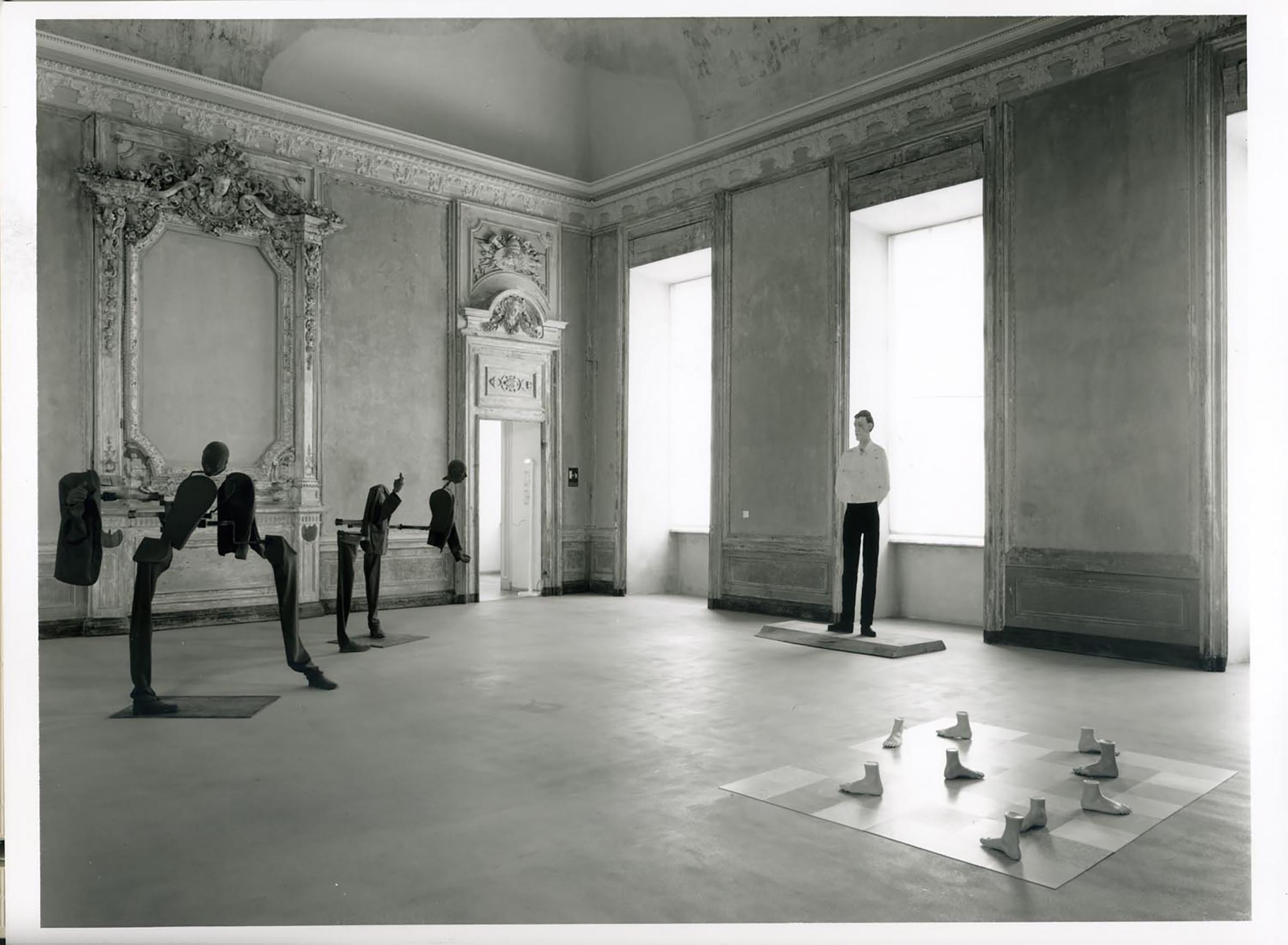 Stephen Balkenhol, Tall Man with White Shirt and Black Pants, 1990; George Lappas, New Members for the Burghers of Calais, 1992; Annette Lemieux, Pastel, 1992